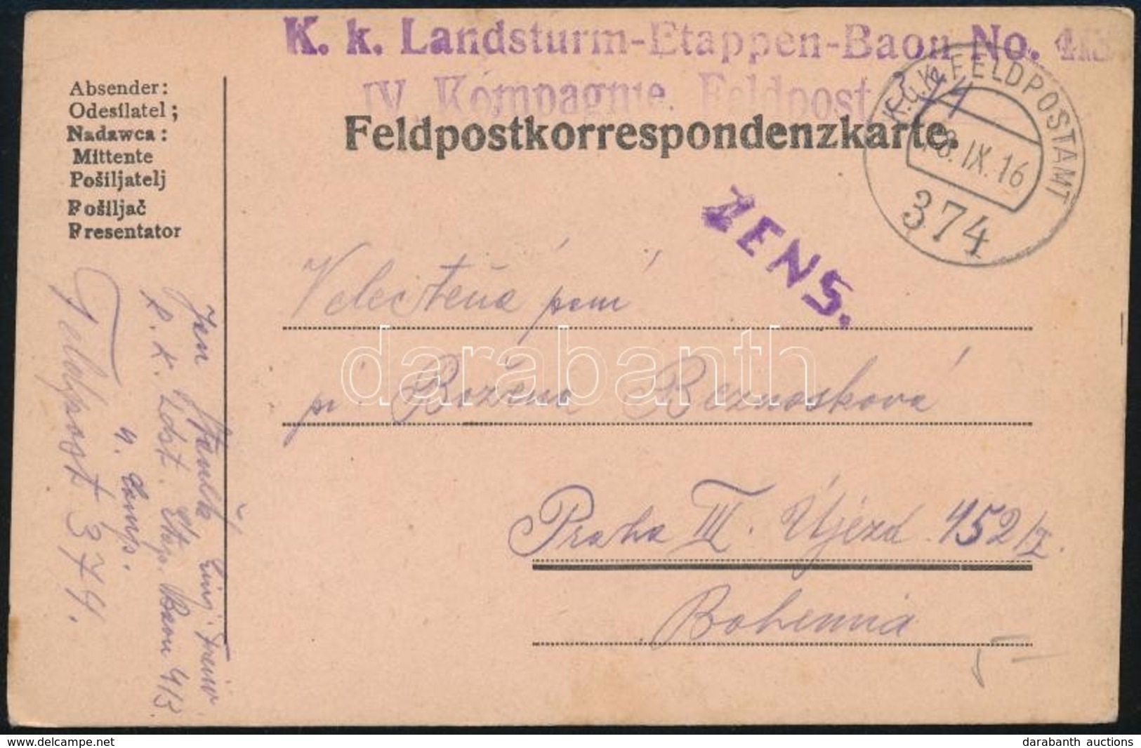 1916 Tábori Posta Levelezőlap 'K.k. Landsturm-Etappen-Baon No.413 IV. Kompagnie' + 'FP 374' - Sonstige & Ohne Zuordnung