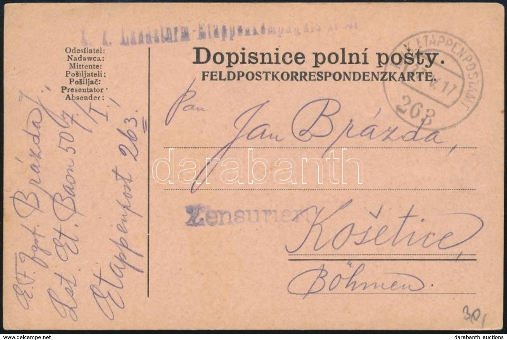 1917 Tábori Posta Levelezőlap 'K.k. Landsturm - Etappenkompagnie ...' + 'EP 263' - Altri & Non Classificati