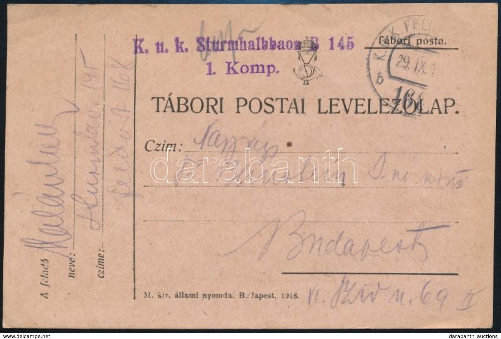 1918 Tábori Posta Levelezőlap / Field Postcard 'K.u.k. Sturmhalbbaon B. 145. 1. Komp.' + 'FP 168 B' - Andere & Zonder Classificatie