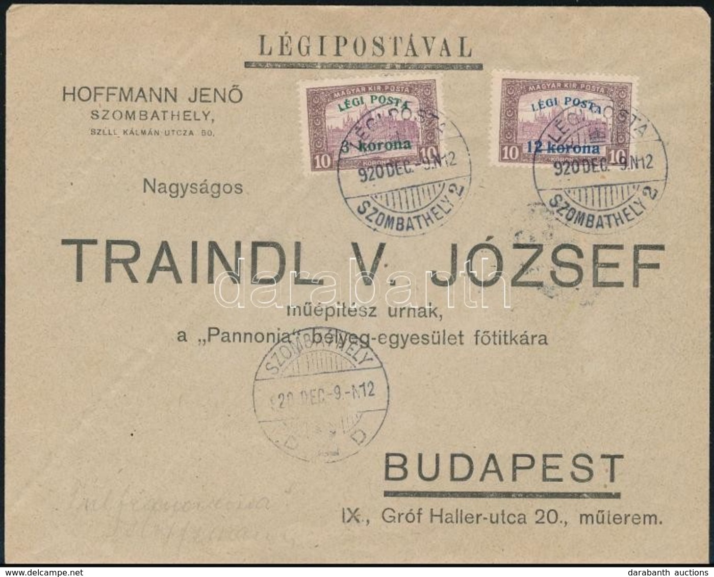 1920 Légi Posta 3K (összefolyt LÉ Betűk) + 12K Légi Levélen / Mi 319 Plate Variety + 321 On Airmail Cover SZOMBATHELY-BU - Sonstige & Ohne Zuordnung