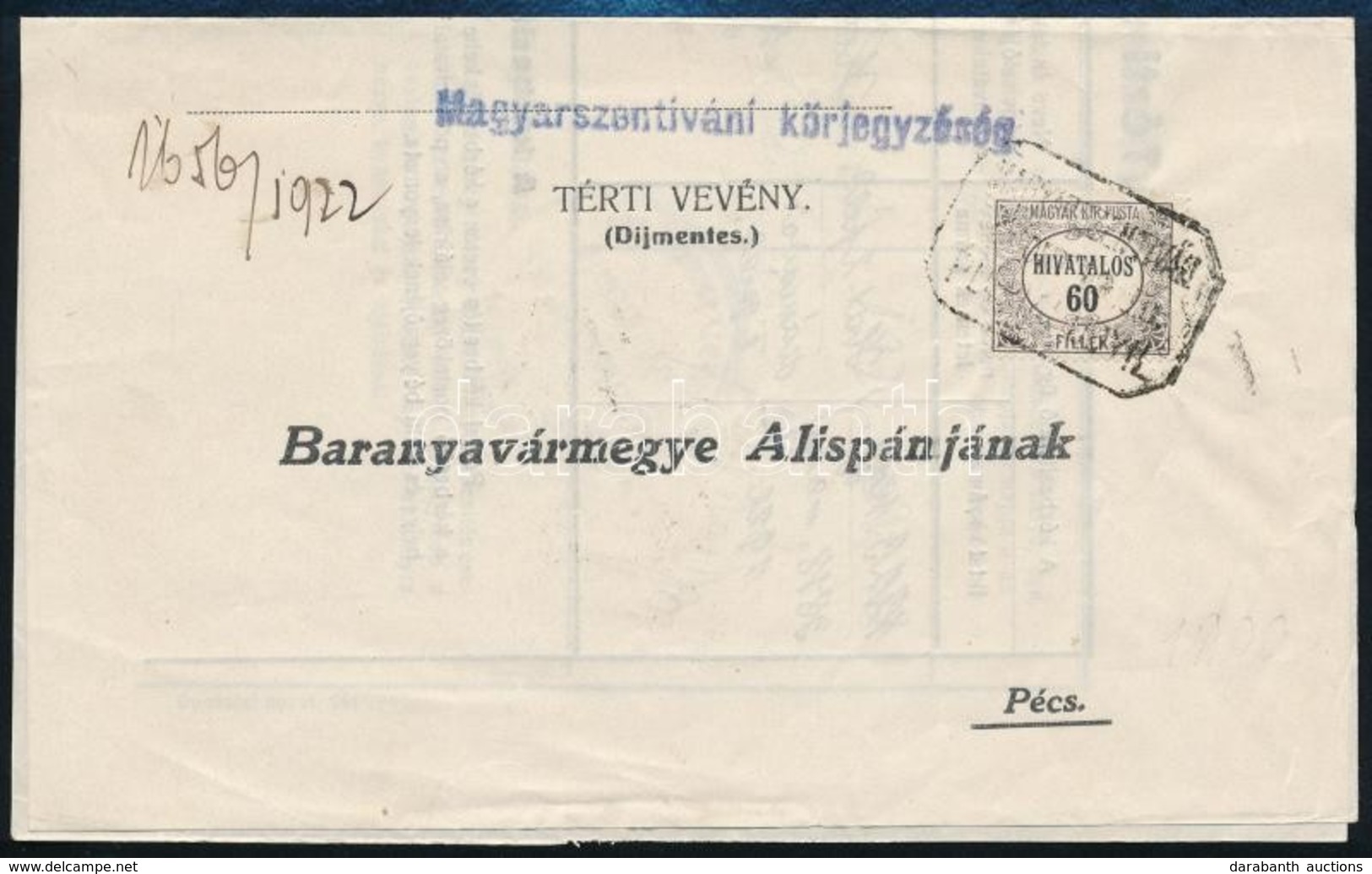 1922 Hivatalos 60f Térti-vevényen - Altri & Non Classificati