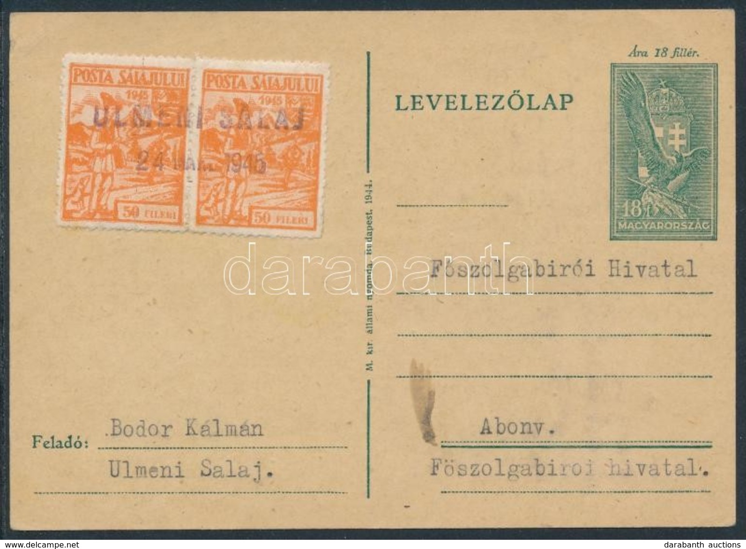 Zilah 1945 Díjjegyes Levelezőlap 2 X 50f Díjkiegészítéssel 'ULMENI SALAJ' (Sülelmed) - Andere & Zonder Classificatie