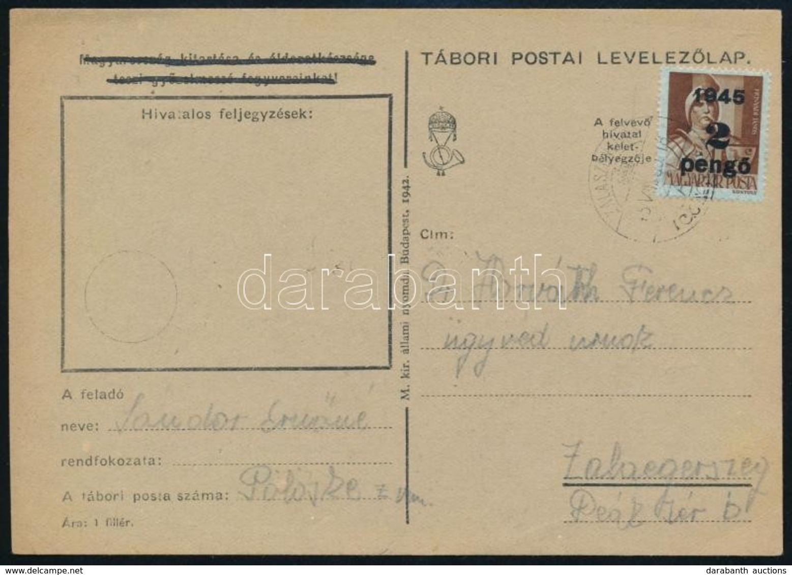 1945 (2. Díjszabás) Távolsági Levelezőlap Kisegítő 2P/4f Bérmentesítéssel - Altri & Non Classificati