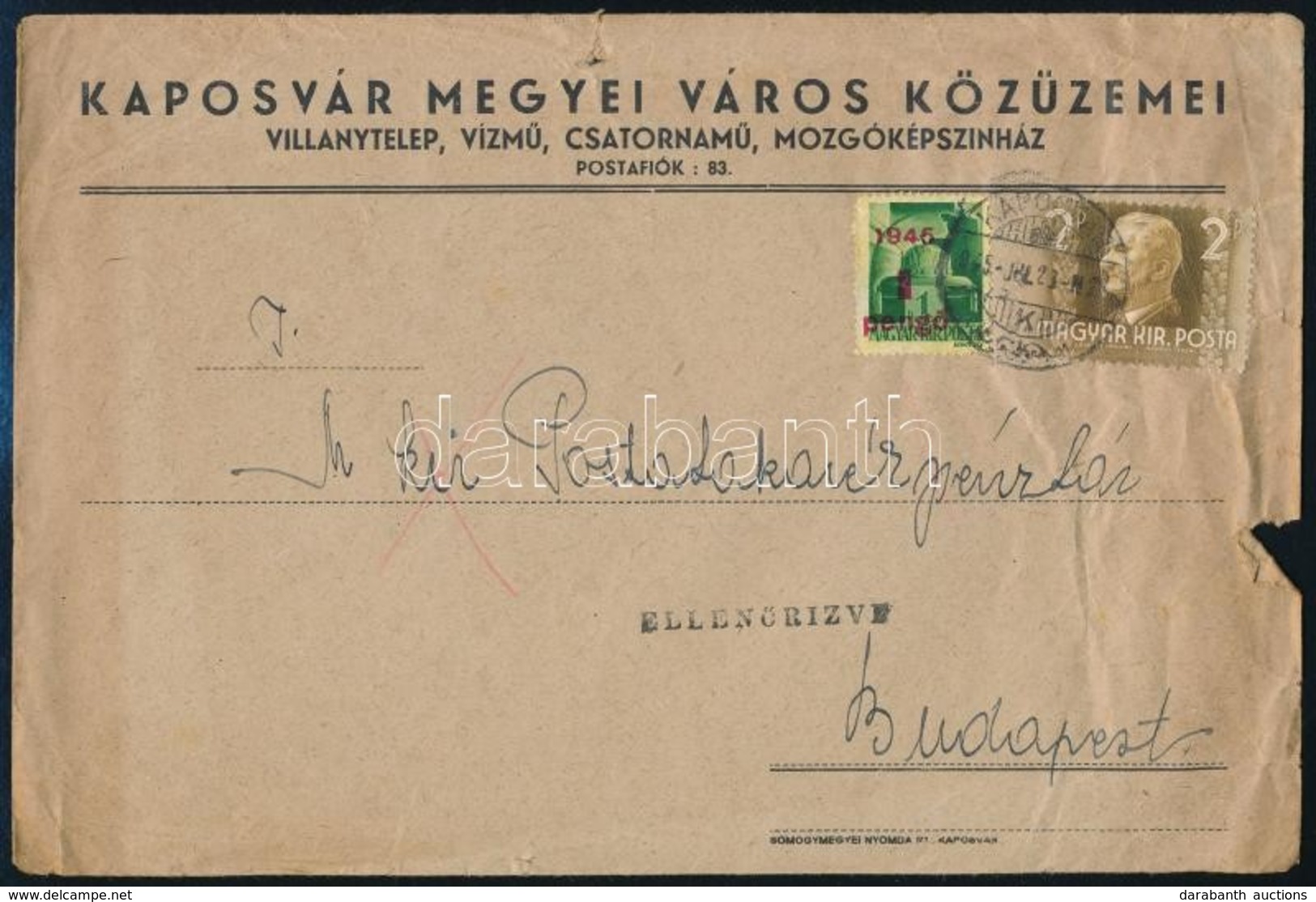 1945 (2. Díjszabás) Távolsági Levél Horthy 2P + Kisegítő 1P/1P Bérmentesítéssel 'ELLENŐRIZE' - Other & Unclassified