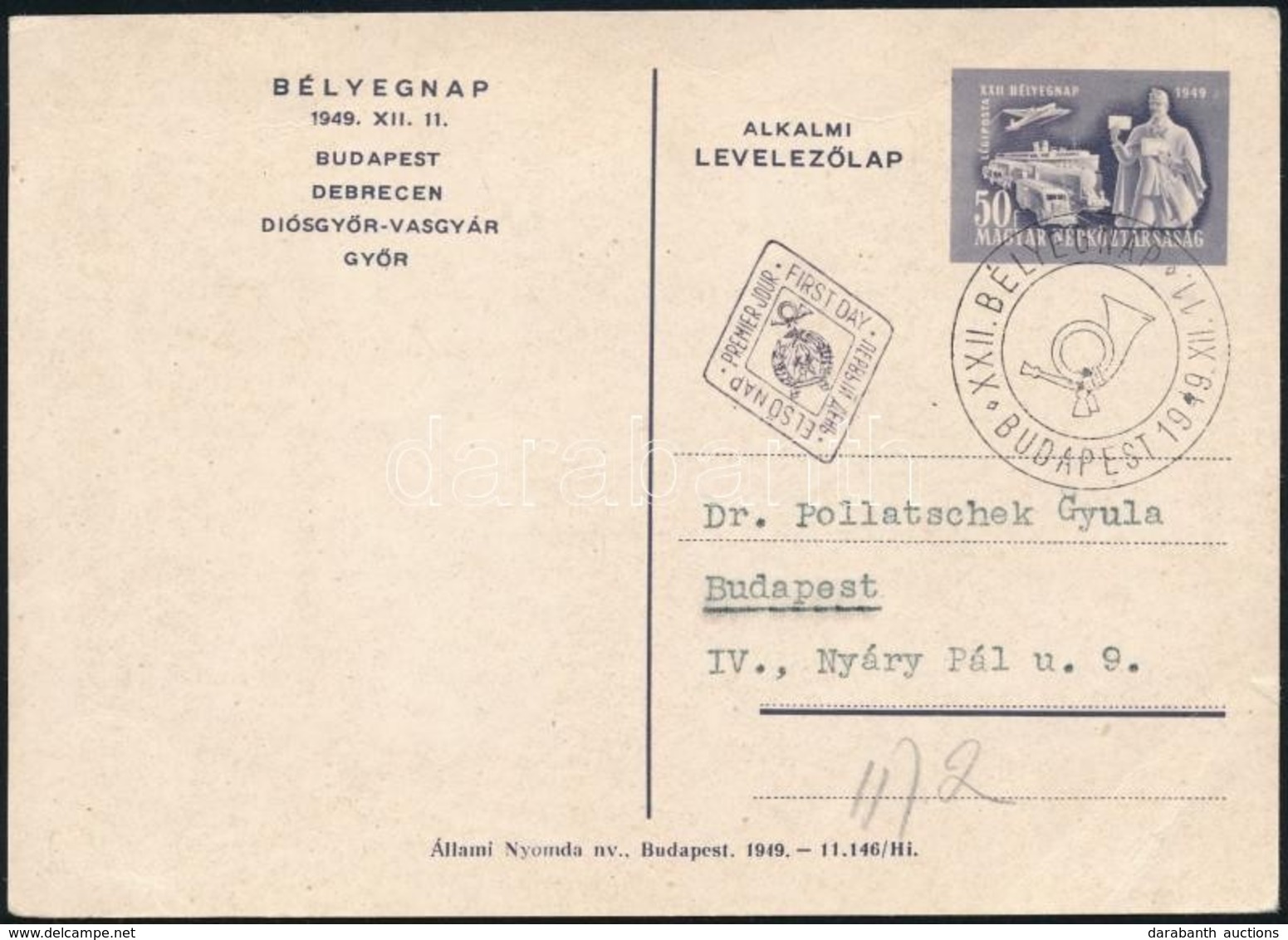 1949 Bélyegnap Levelezőlap Elsőnapi Bélyegzéssel - Andere & Zonder Classificatie