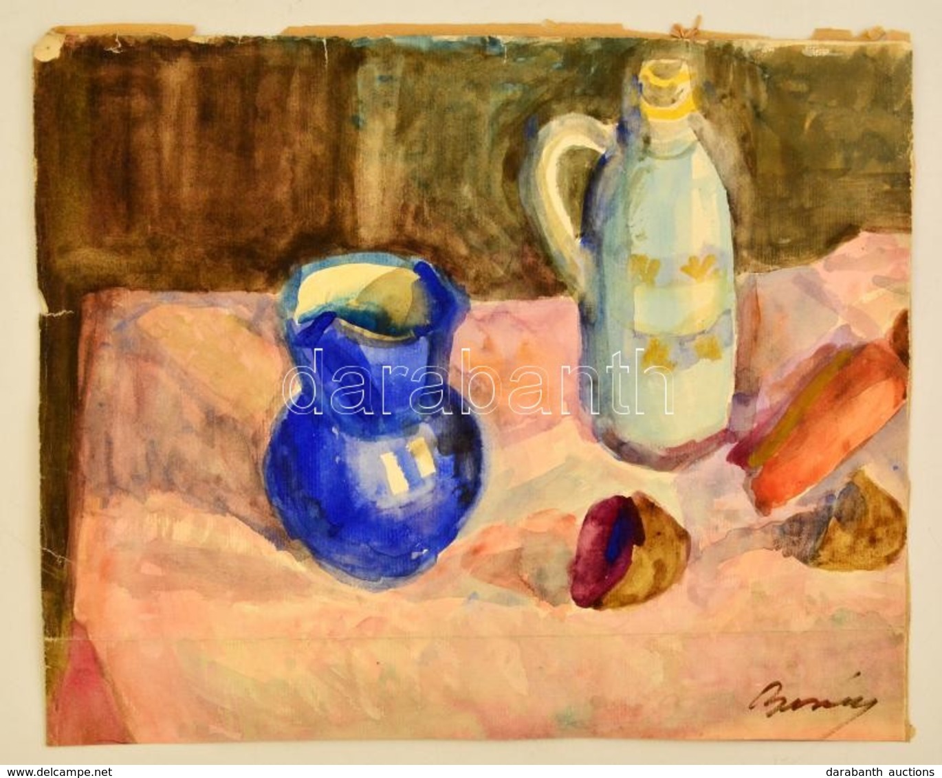 Berény Jelzéssel: Csendélet. Akvarell, Papír, Vágott, Hajtott, 28×34 Cm - Altri & Non Classificati