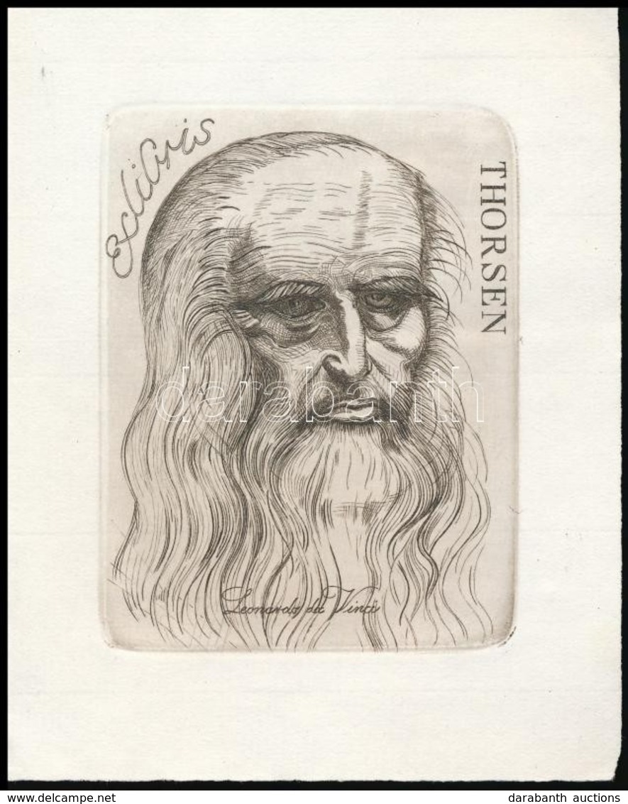 Oskar Thorsen (?-?): Ex Libris, Leonardo Da Vinci. Rézkarc, Papír, Jelzett, 9×6,5 Cm - Andere & Zonder Classificatie