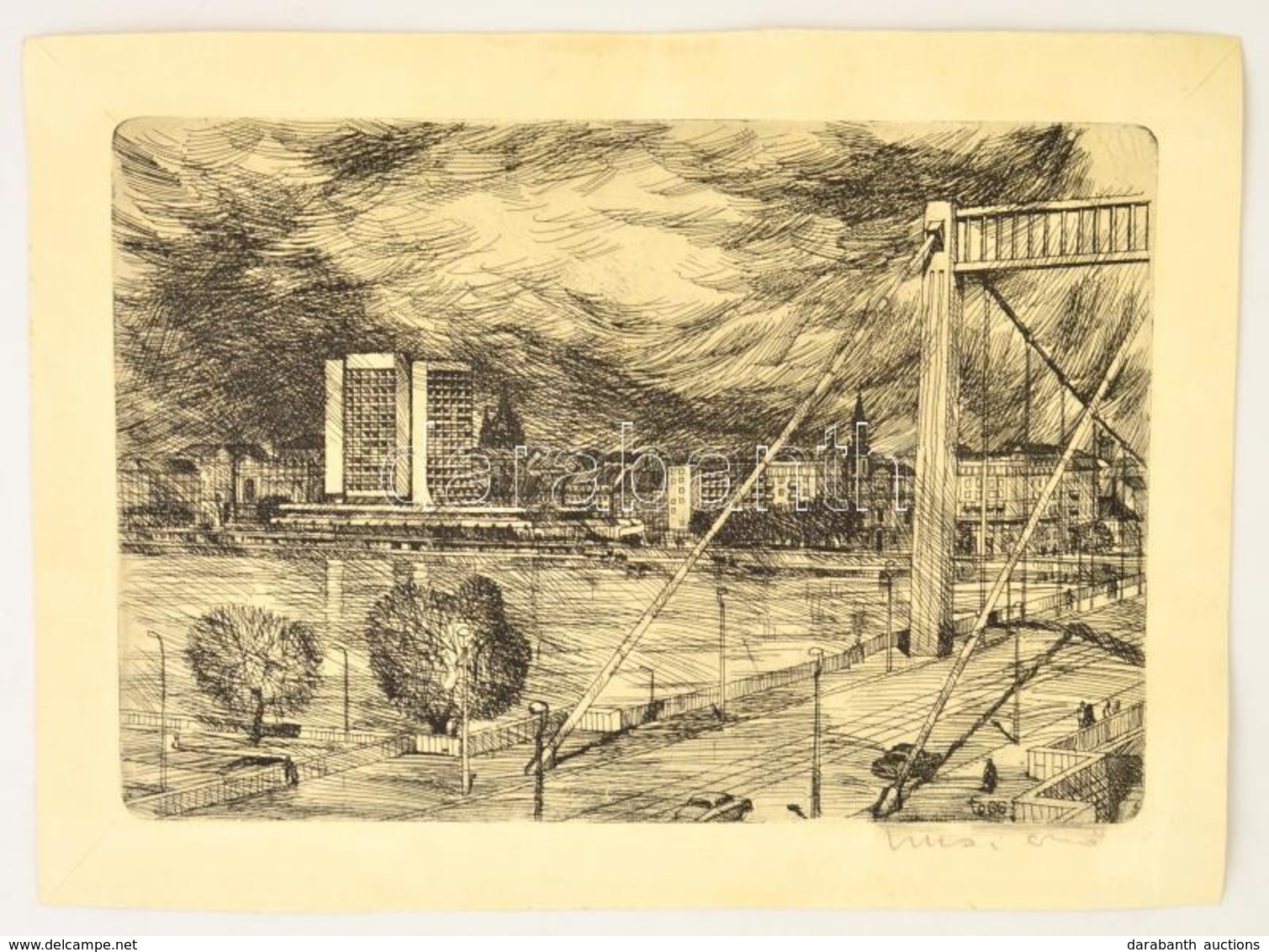 Olvashatatlan Jelzéssel: Erzsébet-híd. Rézkarc, Papír, 20×29 Cm - Sonstige & Ohne Zuordnung