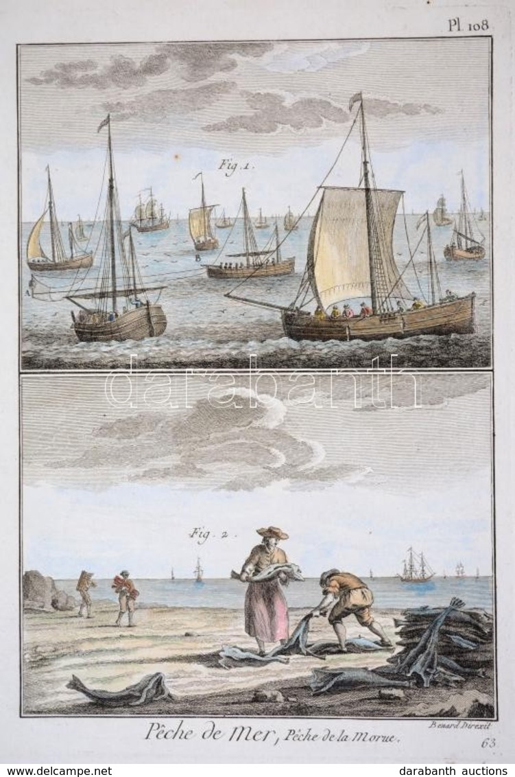 1793 9 Db Halászat Témájú, Kézzel Színezett Rézmetszet Diderot Enciklopédiájának Első Kiadásából. / 1793 9 Fishing Etchi - Prenten & Gravure