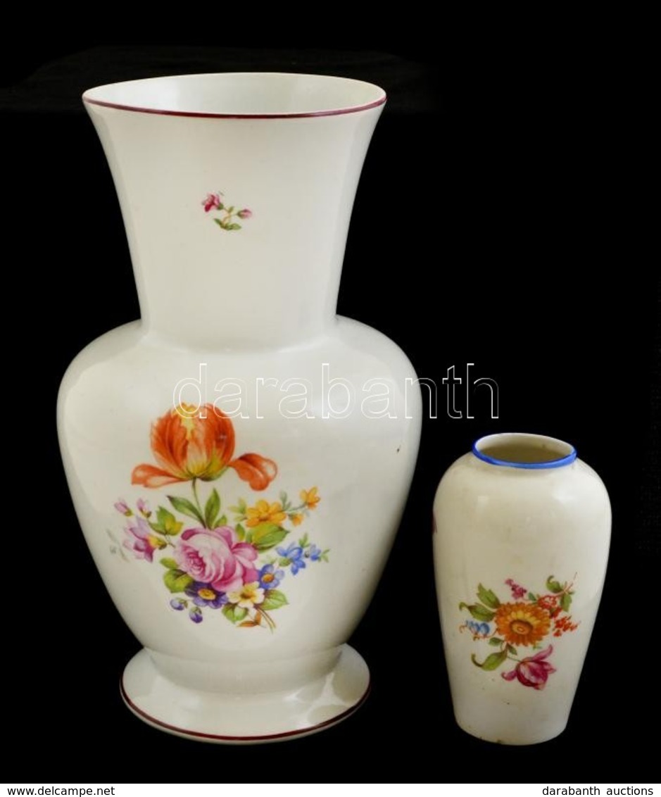 Kispesti Porcelán Váza, Matricás, Jelzett, Kis Kopásokkal, M: 24 Cm + Porcelán Kisváza, Matricás, Jelzés Nélkül, Kis Kop - Andere & Zonder Classificatie