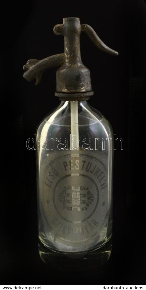 Első Pestújhelyi Szikvízgyár Szódásüveg, ón Fejjel, Kopottas, 0,5 L, M: 27 Cm - Glas & Kristal