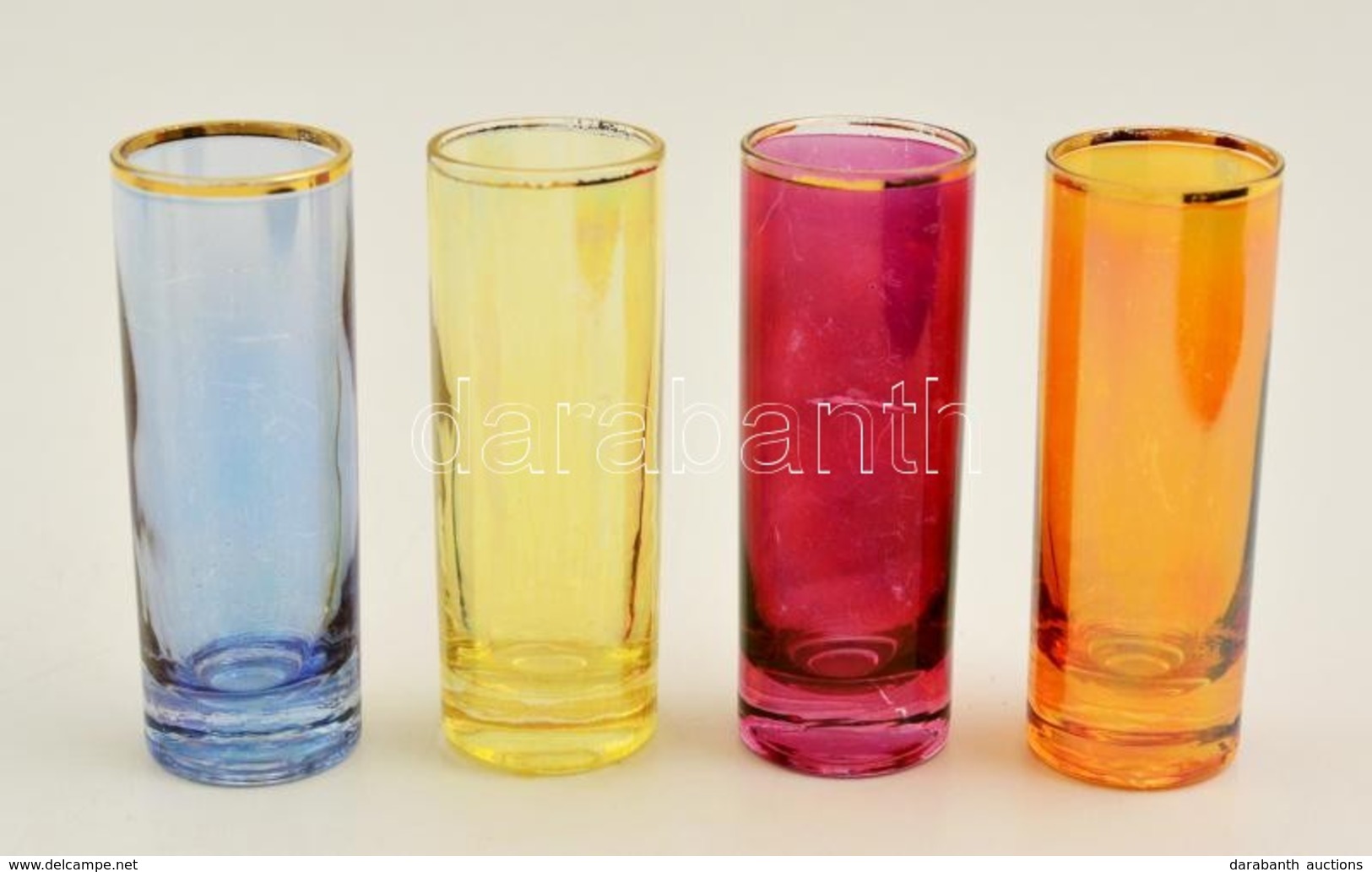 Színes Pálinkás Poharak, 4 Db, Kopásnyomokkal, M: 8,5 Cm, D: 3 Cm - Glas & Kristal