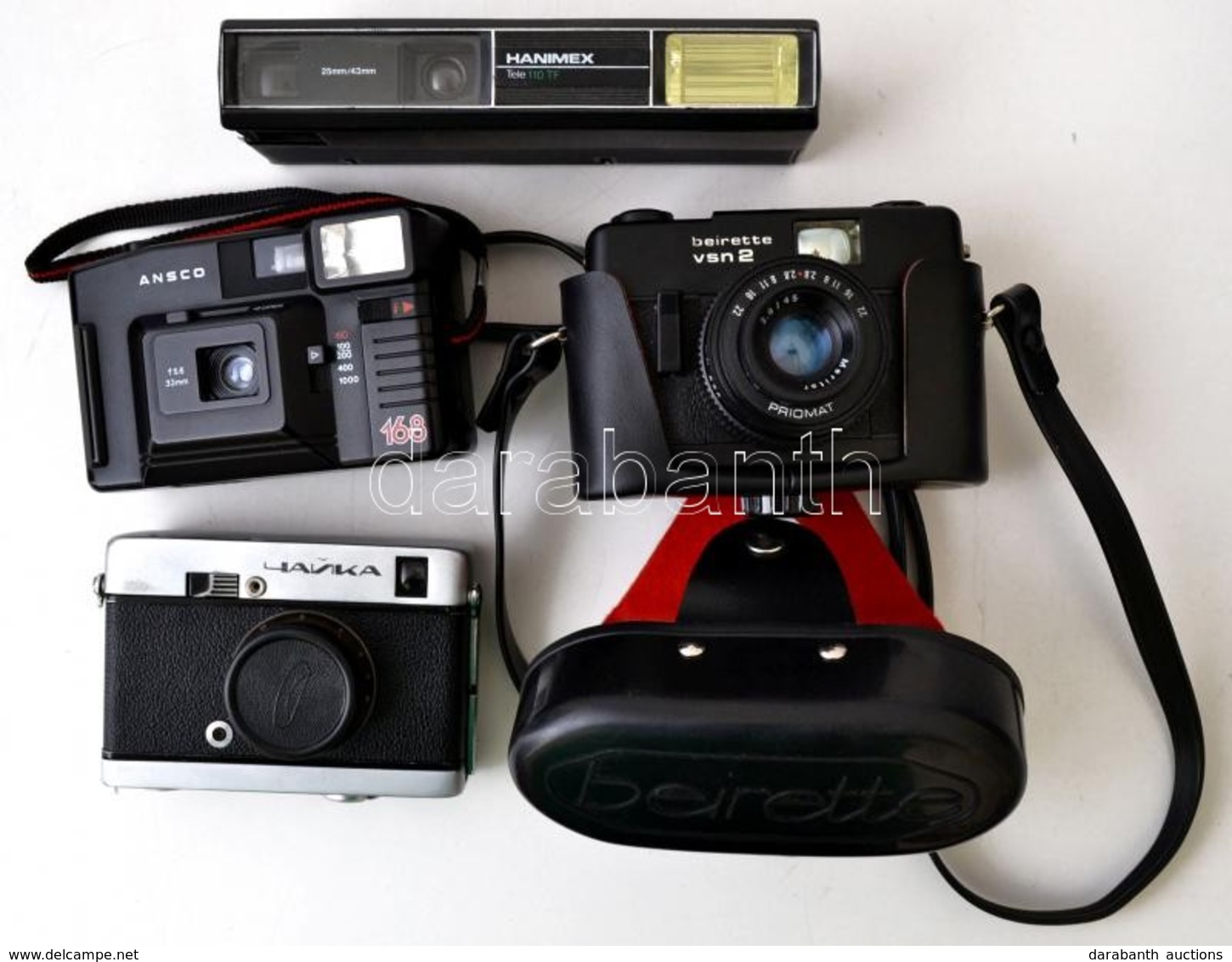 4 Db Fényképezőgép (Hanimex Tele 110 TF 25mm/45mm, Ansco 168 F5.6 33mm Objektívvel, Tokban, Csajka Industar-69 28mm F/2. - Fototoestellen