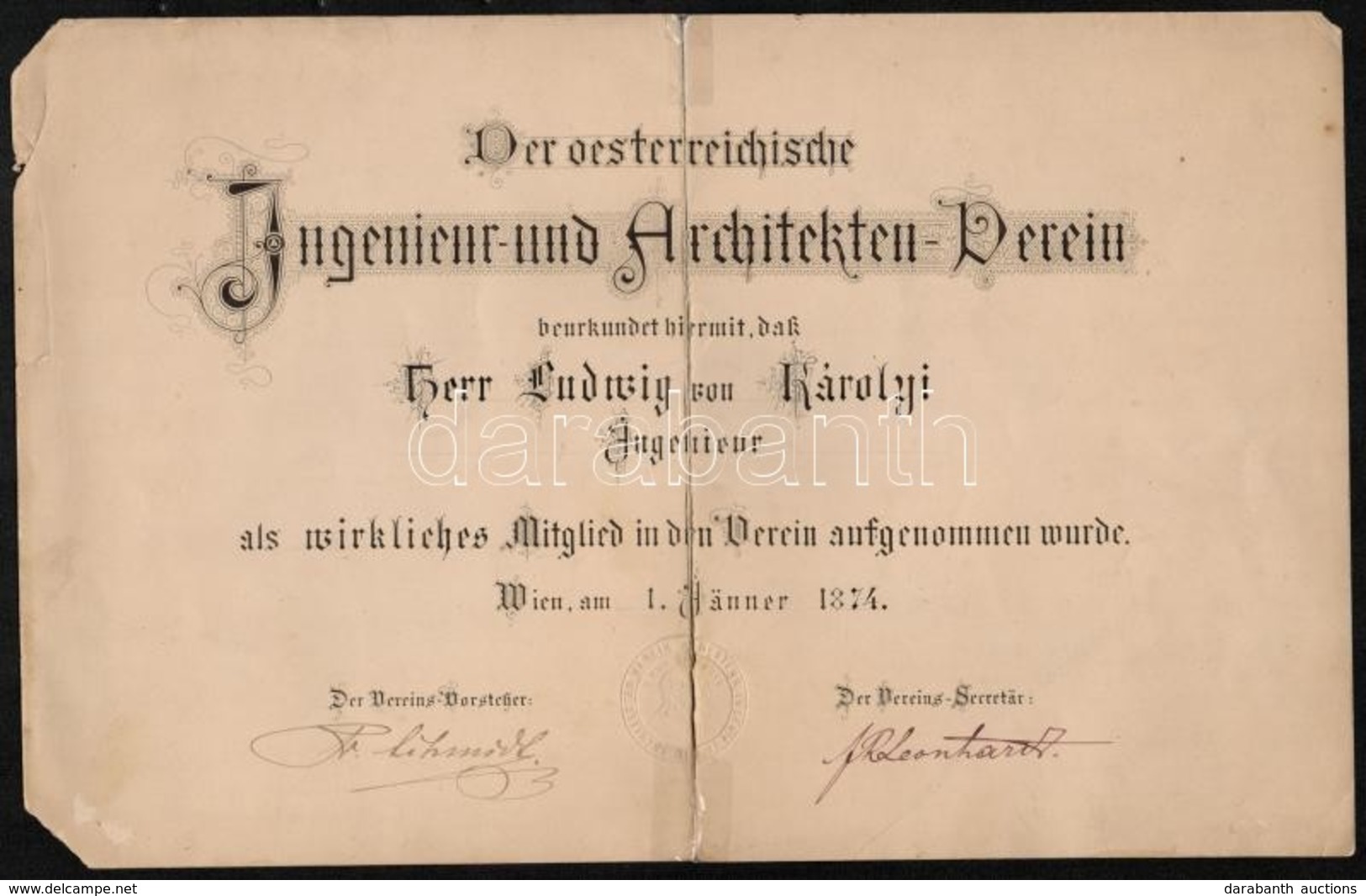 1874 Osztrák Mérnök és Építész Klub (Der Oesterreichische Ingenieur- Und Architekten-Verein) Felvételi Okírata, Károlyi  - Zonder Classificatie