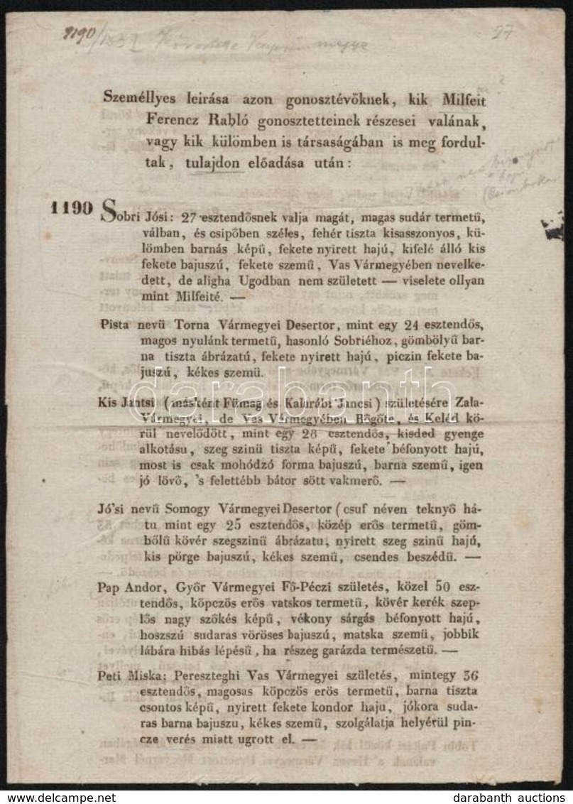 1836 Sobri Jóska Betyár és 15 Társának Körözvénye Személyleírásukkal. 3 Magyarul Nyomtatott Oldalon - Non Classificati