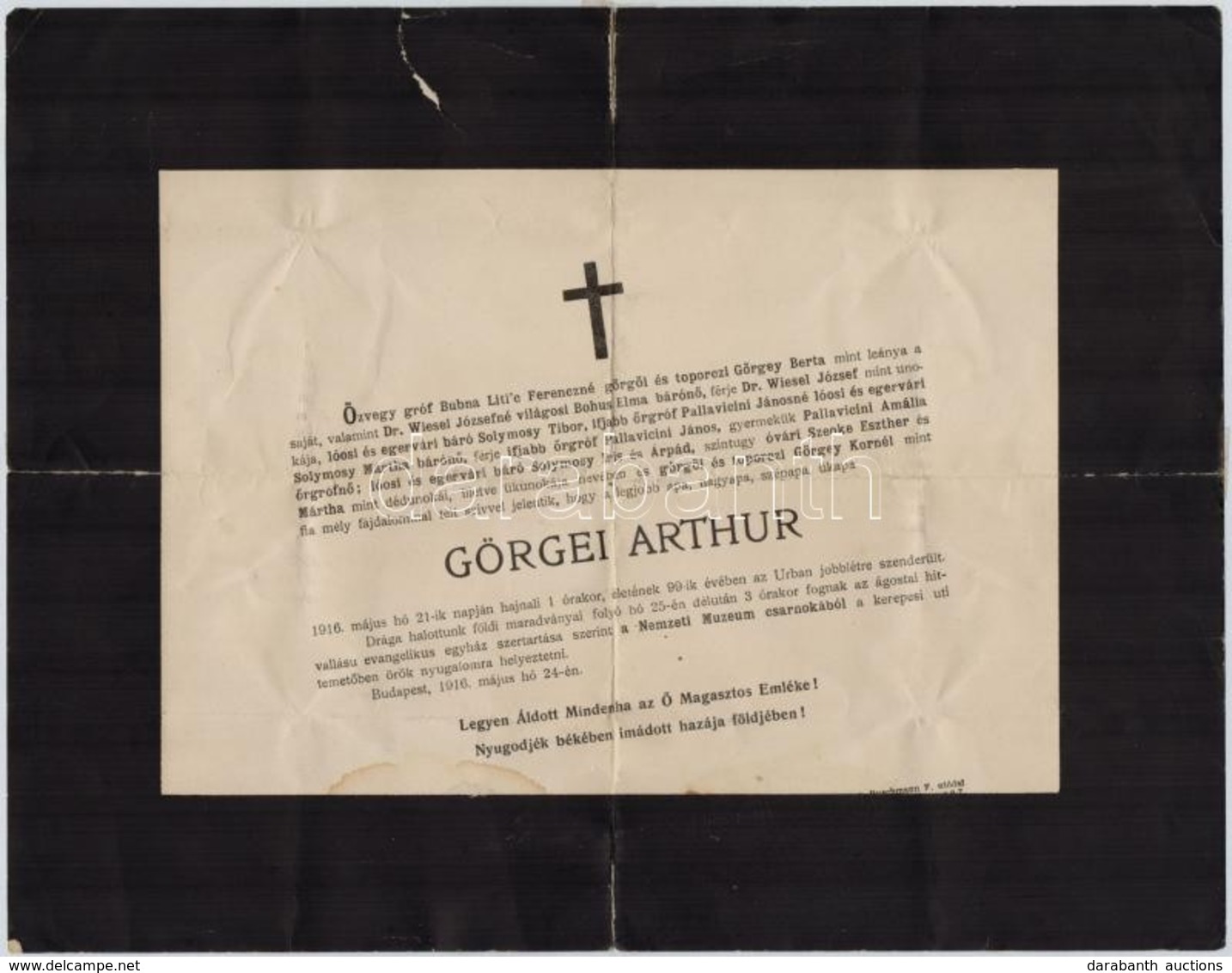 1916 Bp., Görgey Artúr (1818-1916) Honvédtábornok Gyászjelentése Báró Solymosy Lajosnak Címezve - Zonder Classificatie