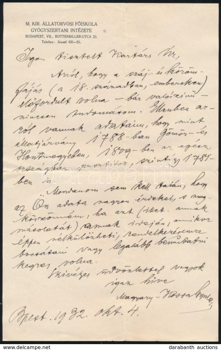 1932 Bp., Dr. Magyary-Kassa Gyula (18651944) Gyógyszerész, Egyetemi Tanár, MTA-tag Saját Kézzel írt és Aláírt Levele - Zonder Classificatie