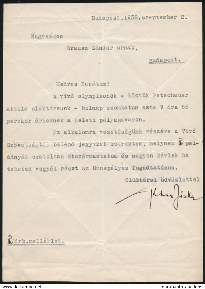 1932 Bp., A Nemzeti Vívó Club Titkára, Gábor József Saját Kézzel Aláírt Levele Grausz Sándor Klubellenőrnek, Amelyben Fe - Zonder Classificatie