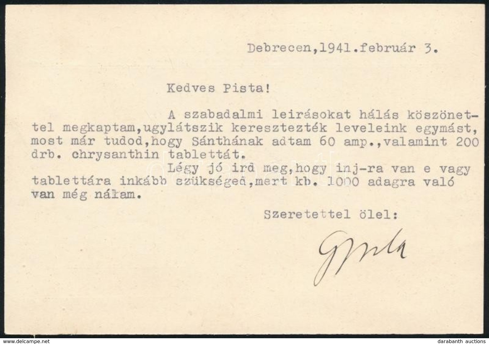 1941 Bp., Dr. Mikó Gyula (1889-1951) Gyógyszerész, Egyetemi Tanár Részben Saját Kézzel írt és Aláírt Levelezőlapja Szakm - Non Classificati