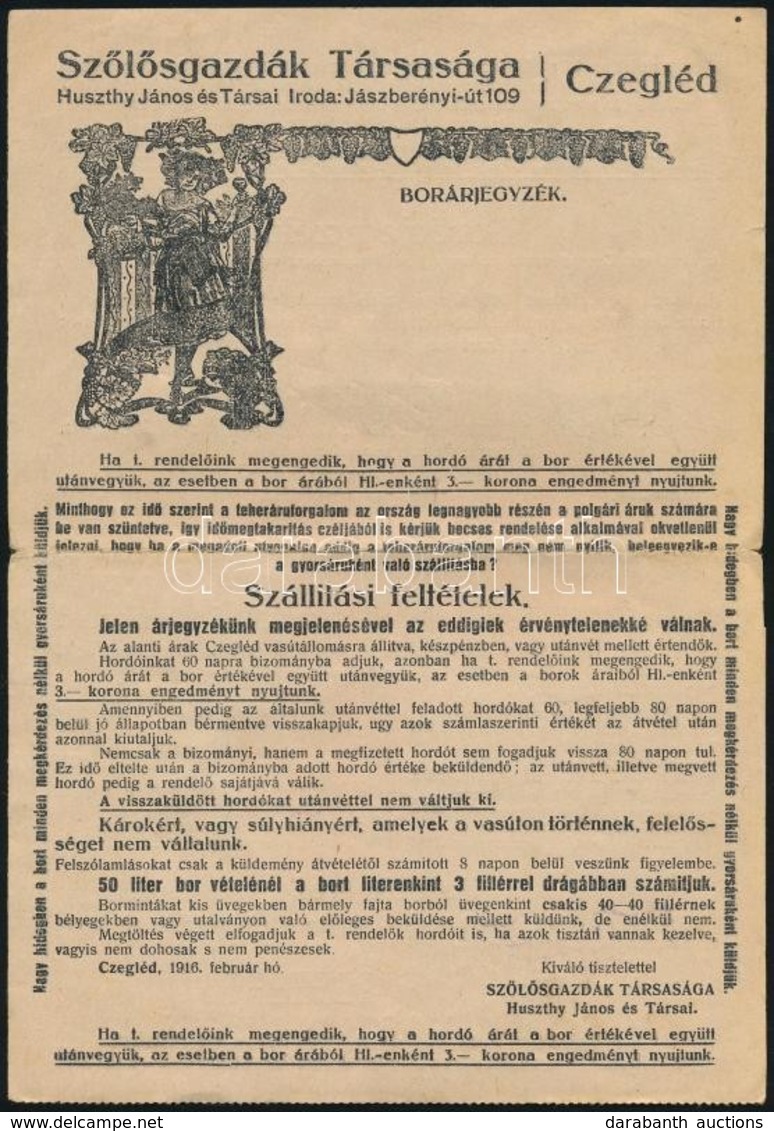 1916 Szőlősgazdák Társasága Cegléd Borárjegyzék - Reclame