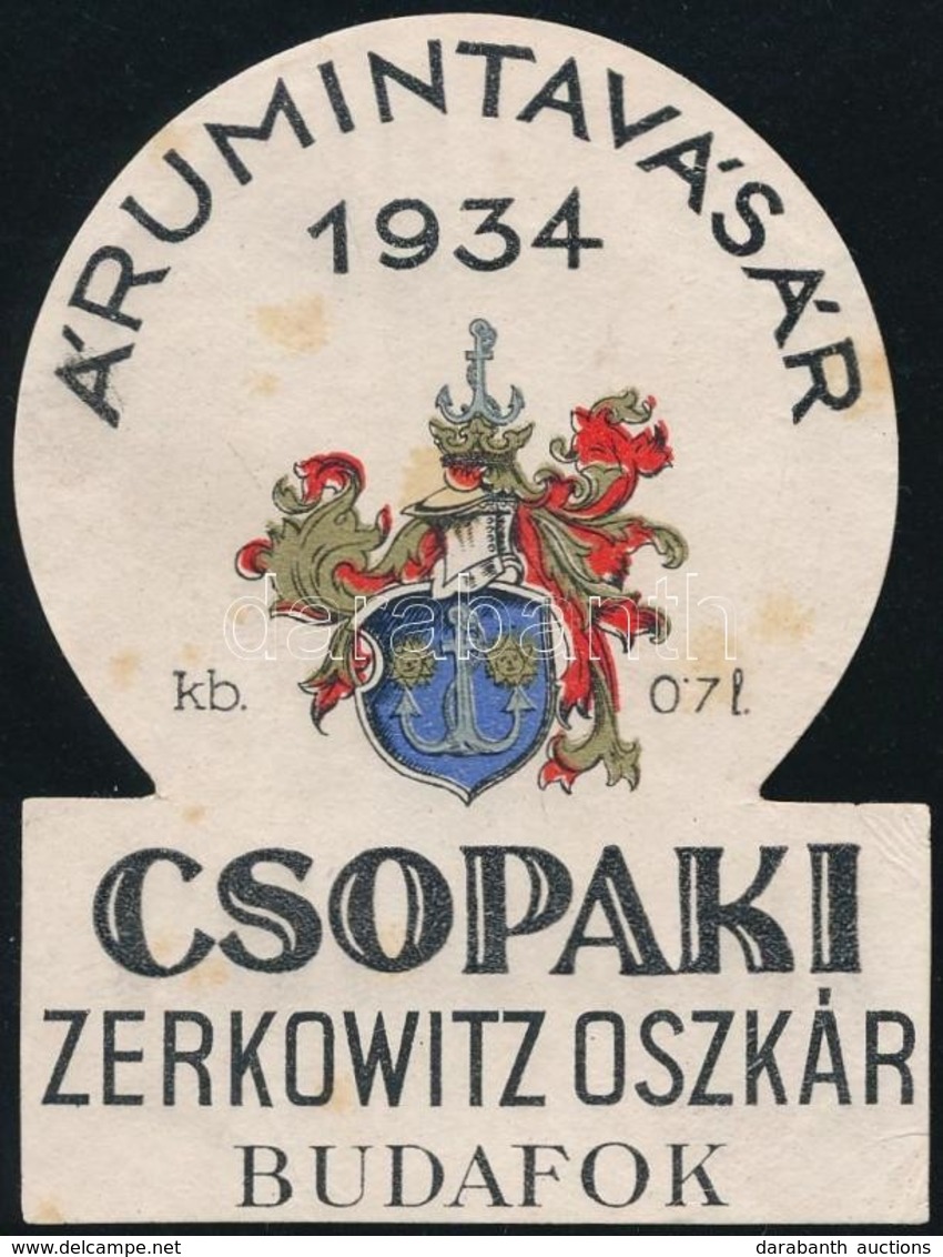 1934 Zerkowitz Oszkár Budafok Csopaki Bor Címke, Árumintavásár 1934 Felirattal, 8,5x6,5 Cm - Werbung