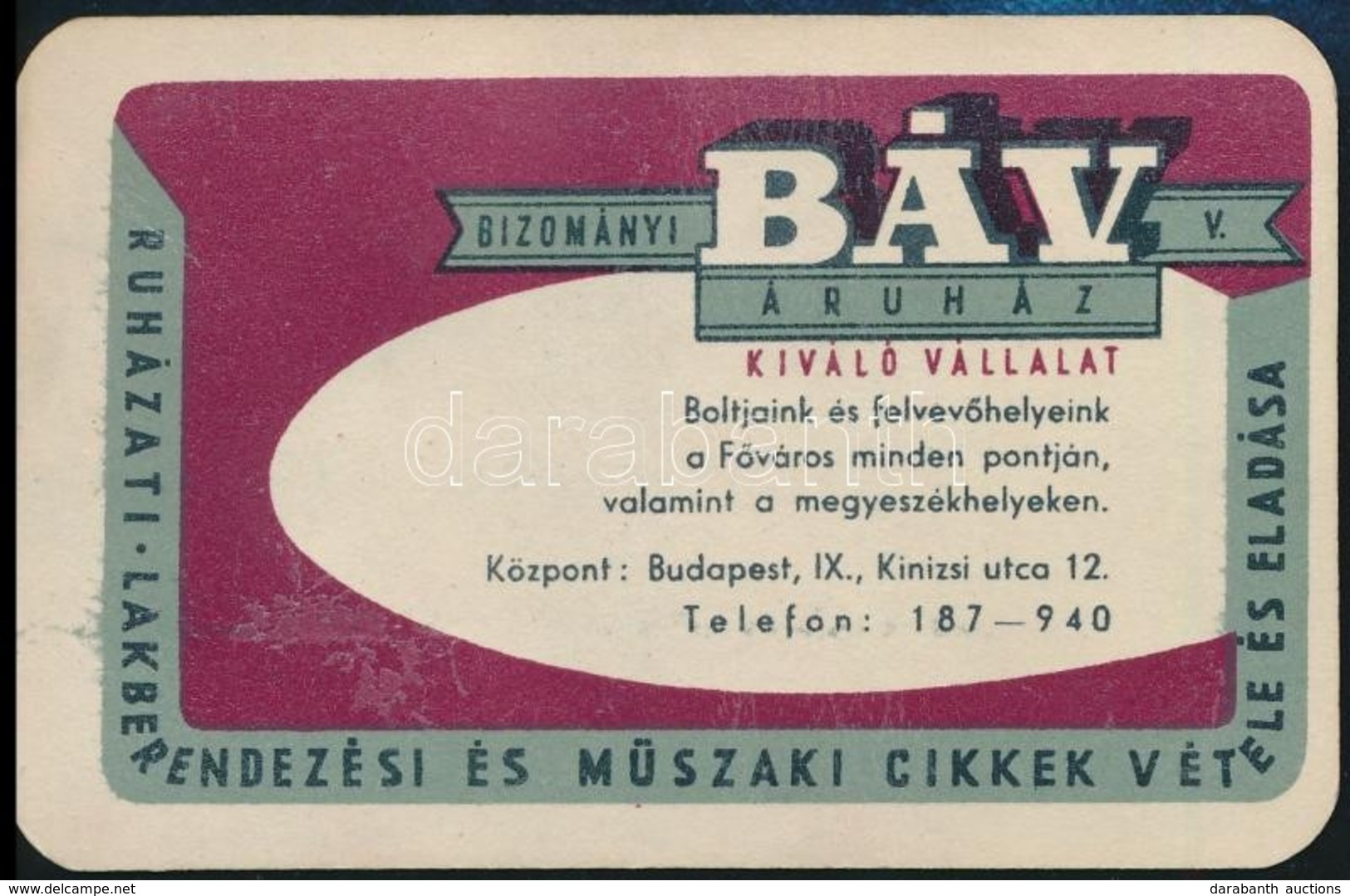 1960 BÁV Bizományi áruház Reklámos Kártyanaptár - Reclame