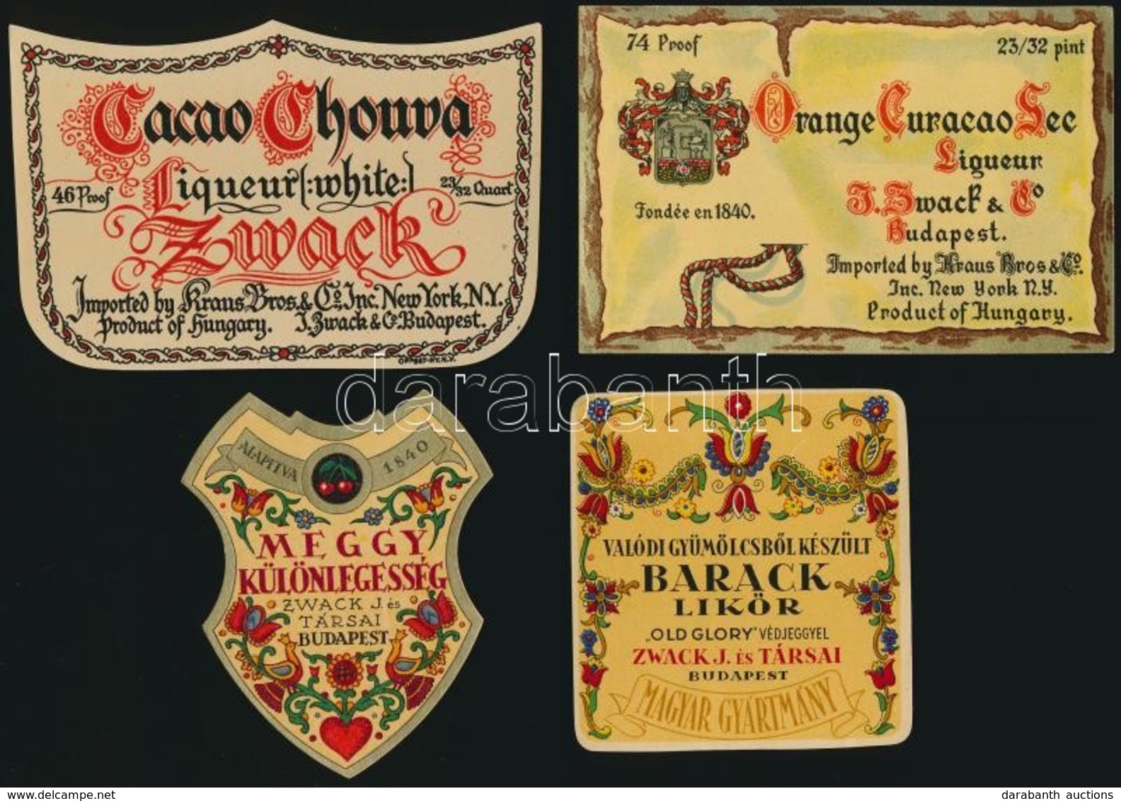 Cca 1930-1940 4 Db Zwack J. és Társai Exportra Gyártott Italcímke,7x6,5 és 7x11 Cm Közti Méretben - Pubblicitari