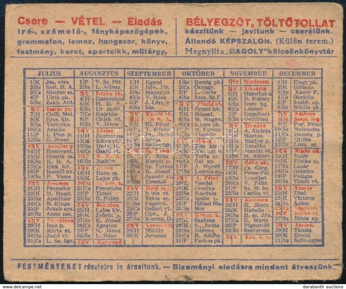 Cca 1940 Reklámos Kártyanaptár 10x8 Cm - Reclame