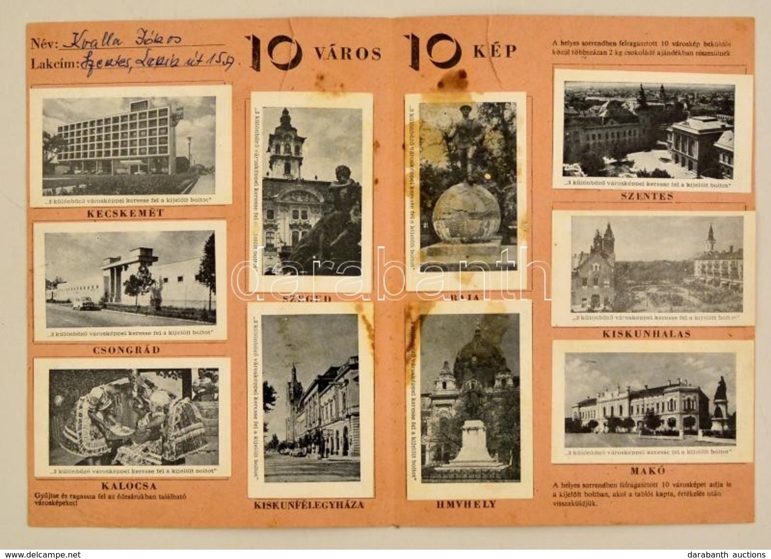 Cca 1960 10 Város 10 Kép, Csokipapír Gyűjtői Prospektus, 10 Beragasztott Kártyával, Teljes, Szeged Nyomda, Foltos, Szaka - Reclame