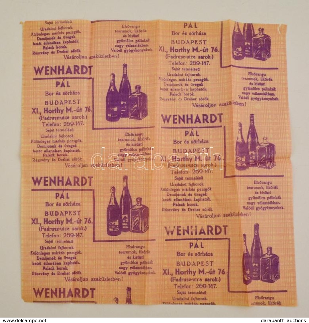 1930 Wenhardt Pál Bor- és Sörháza Budapest XI. Ital Csomagolópapír - Pubblicitari