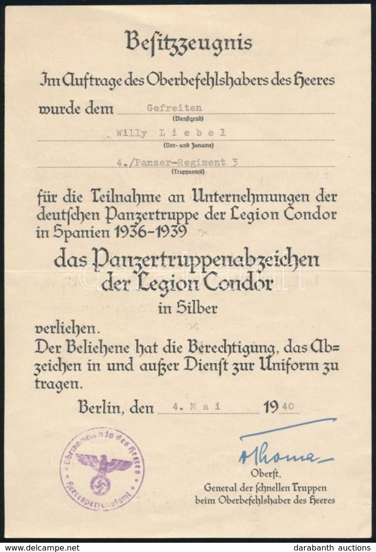 1940 A Spanyol Polgárháborúban Részt Vett Condor-légió Páncéloshadosztályában Harcoló Részére Adományozott Ezüst érdemre - Other & Unclassified