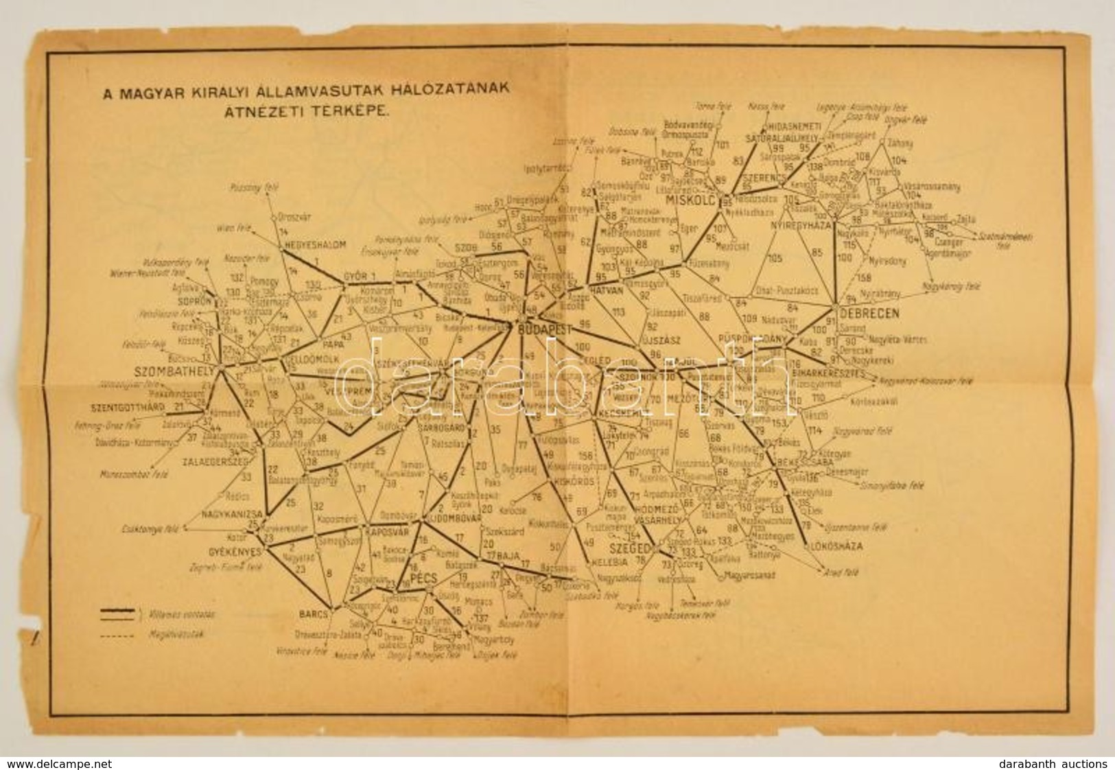 Cca 1930 A M. Kir. Államvasutak Hálózatának átnézeti Térképe. Kissé Szakadozott. 38x25 Cm - Sonstige & Ohne Zuordnung