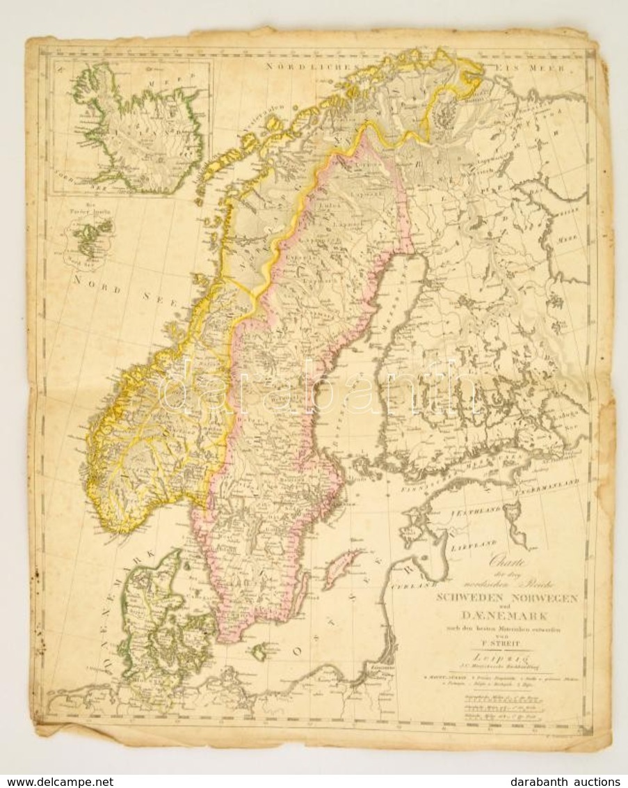 Cca 1820 A Skandináv államok Rézmetszetű Térképe F. W. Streit, Leipzig, J. C. Hinrichs, 42x49 Cm Szélén Szakadozásokkal. - Andere & Zonder Classificatie