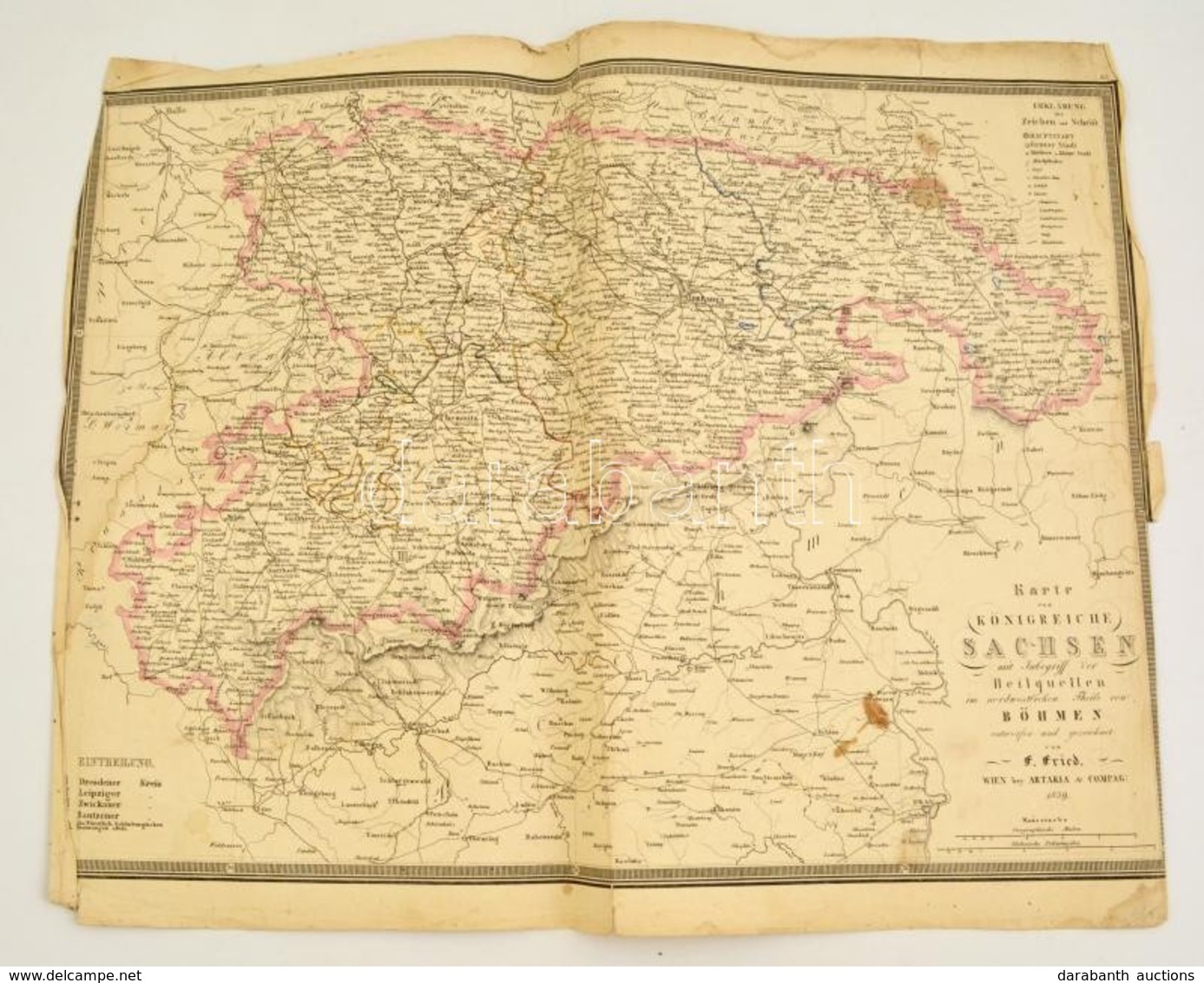 1839 Szászország és Bohémia Rézmetszetű Térképe, F. Fried, Wien, Artaria & Comp, A Széleinél Szakadozott, 37x50 Cm./ 183 - Other & Unclassified