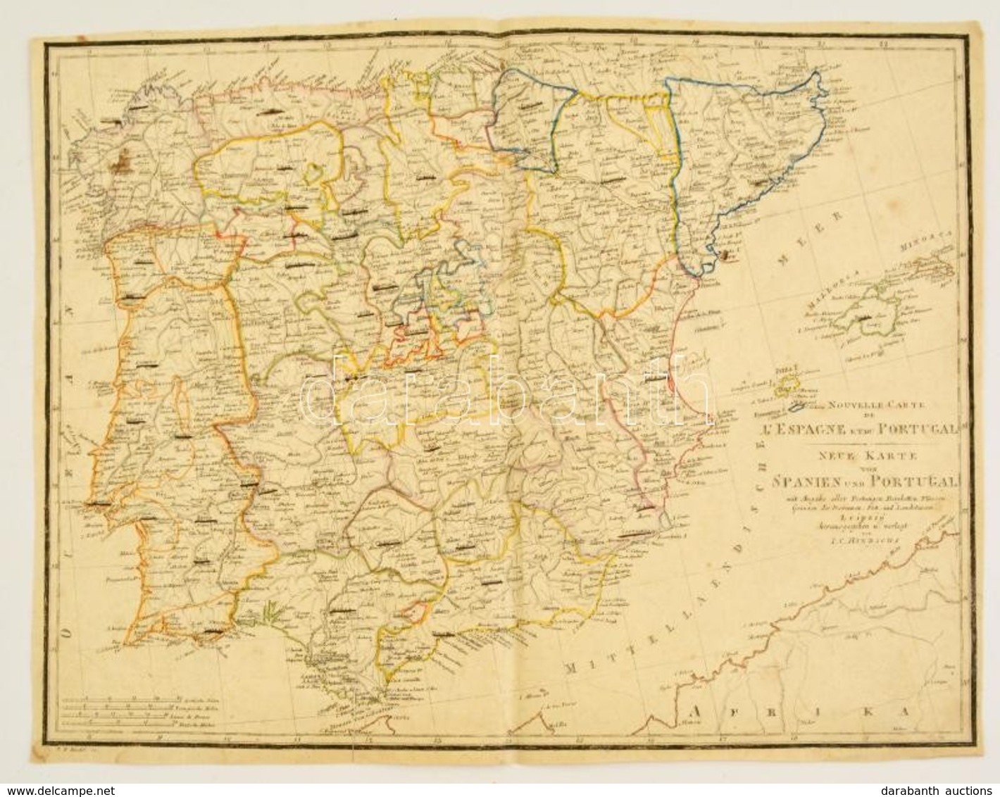 Cca 1820 Spanyolország és Portugália Rézmetszetű Térképe F. W. Streit, Leipzig, J. C. Hinrichs, Belerajzolva, 47x36 Cm./ - Andere & Zonder Classificatie