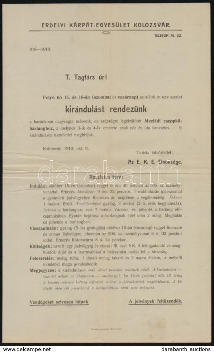 1910 Kolozsvár, Az Erdélyi Kárpát Egyesület Felhívása Kirándulásra A Meziádi Cseppkőbarlangba - Zonder Classificatie