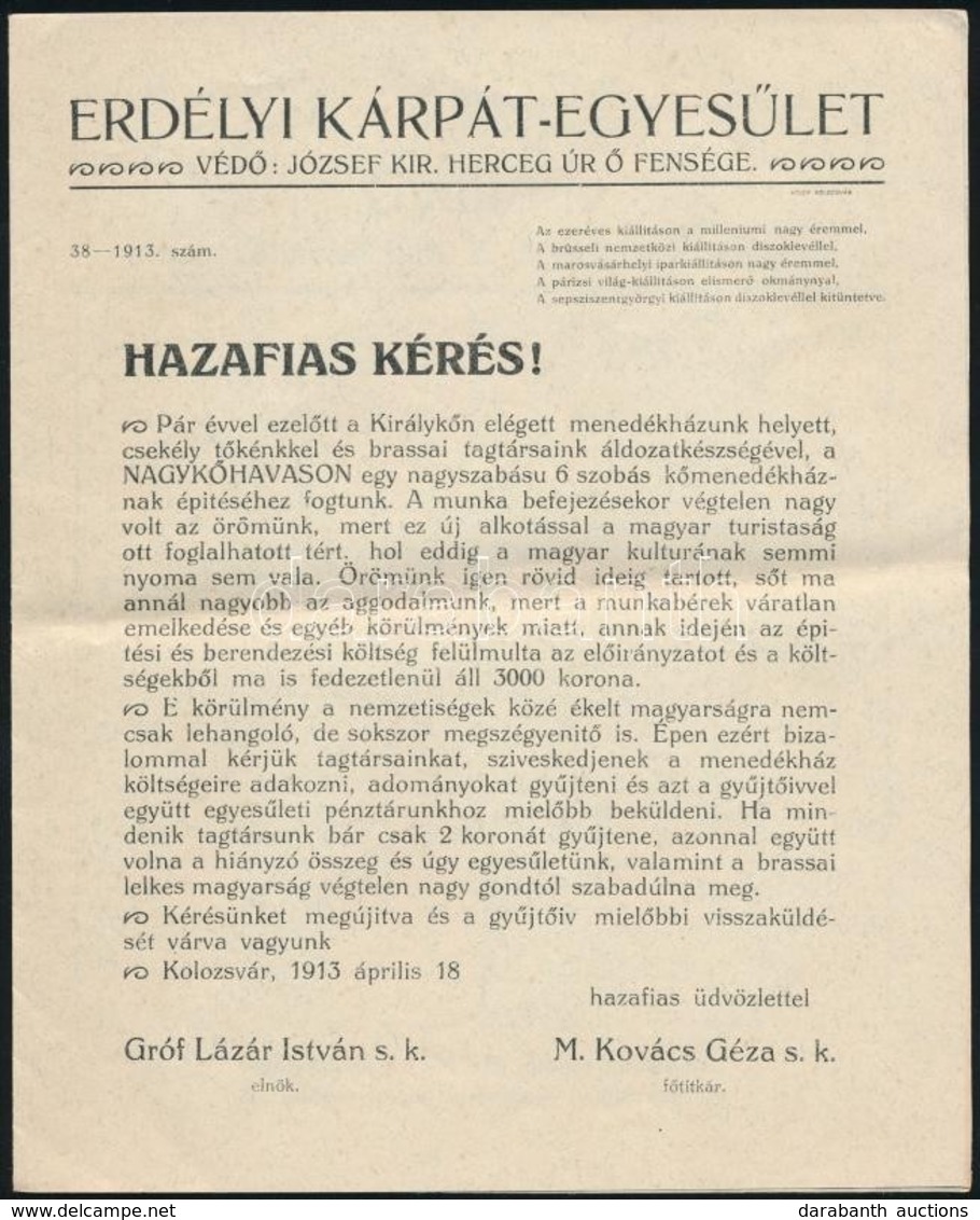 1913 Kolozsvár, Erdélyi Kárpát Egyesület Hazafias Kérése Menedékház építésére - Zonder Classificatie