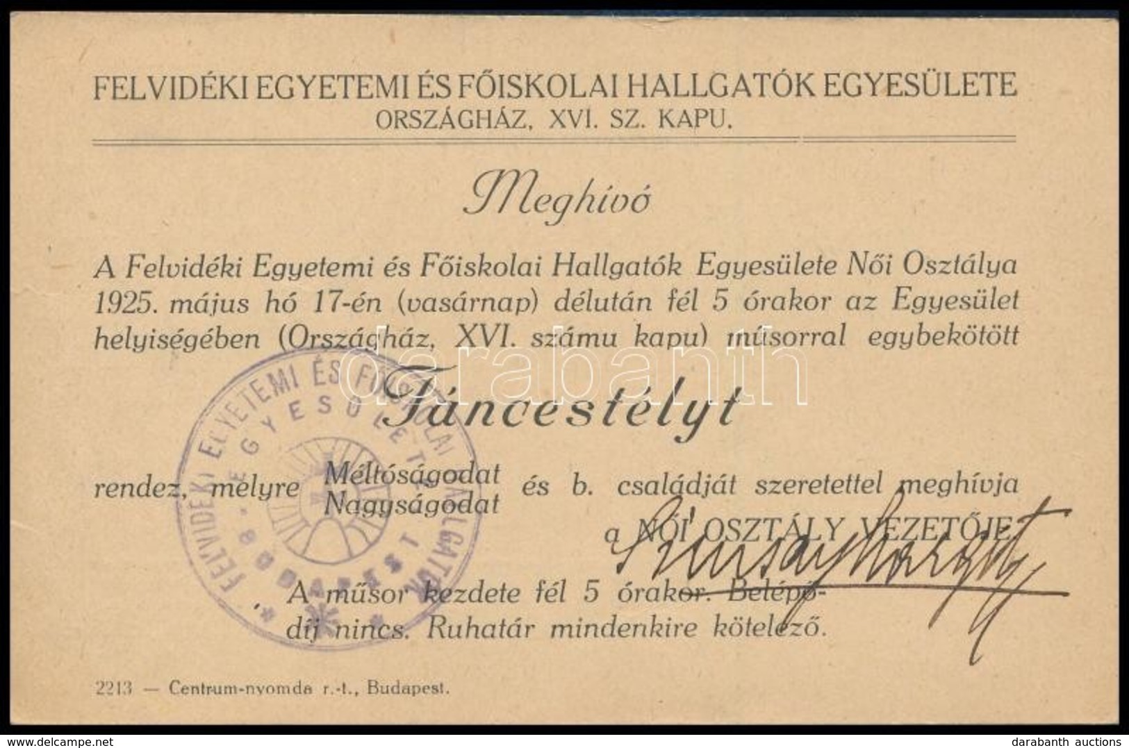 1925 Felvidéki Egyetemi és Főiskolai Hallgatók Egyesülete Női Osztálya Táncestély Meghívó, Pecséttel, Aláírással, 9x14 C - Zonder Classificatie