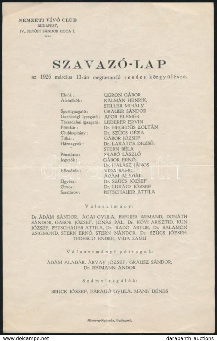 1926 A Nemzeti Vívó Club Szavazólapja Az 1926. évi Rendes Közgyűlésre, A Klub Tisztségviselőinek Névsorával, Pl. Petscha - Zonder Classificatie