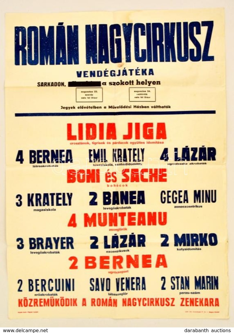 Cca 1960 Román Nagycirkusz Vendégjátéka Sarkadon, Műsoros Plakát, Hajtott, 84x59 Cm - Altri & Non Classificati