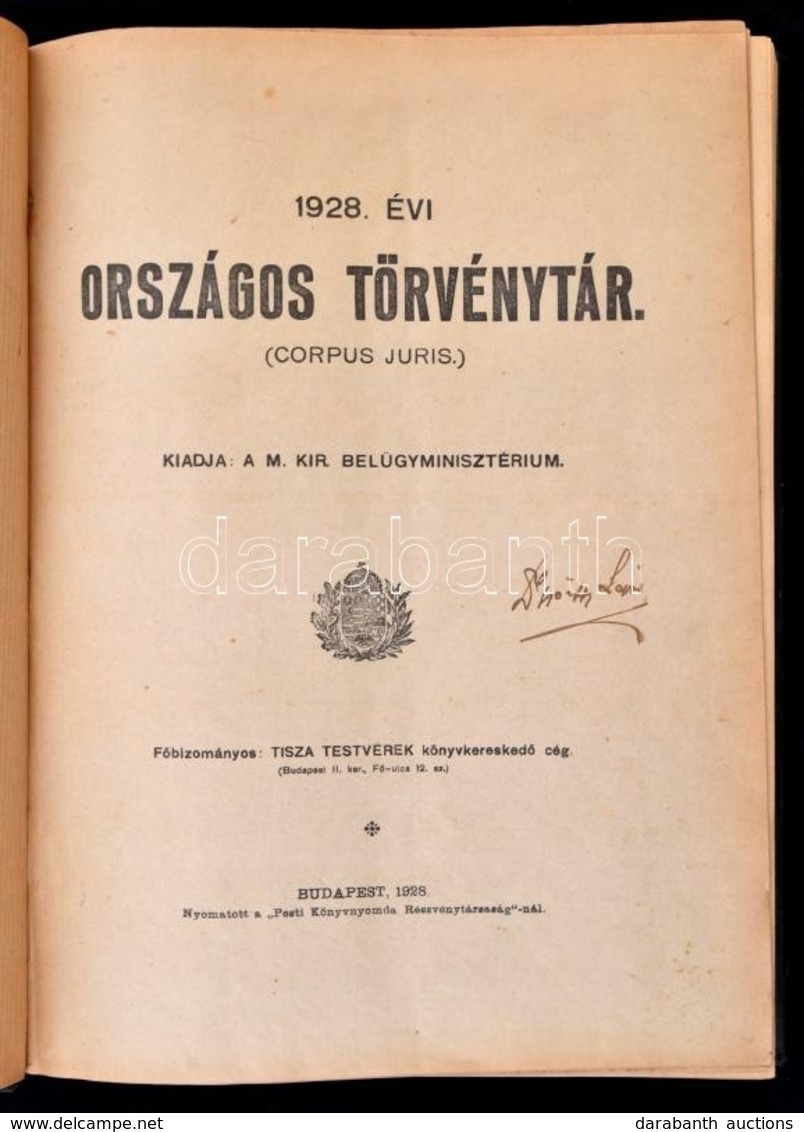 1928 évi Országos Törvénytár. Corpus Juris. Bp., 1928. Belügyminisztérium 585p. Korabeli Félvászon Kötésben - Non Classificati