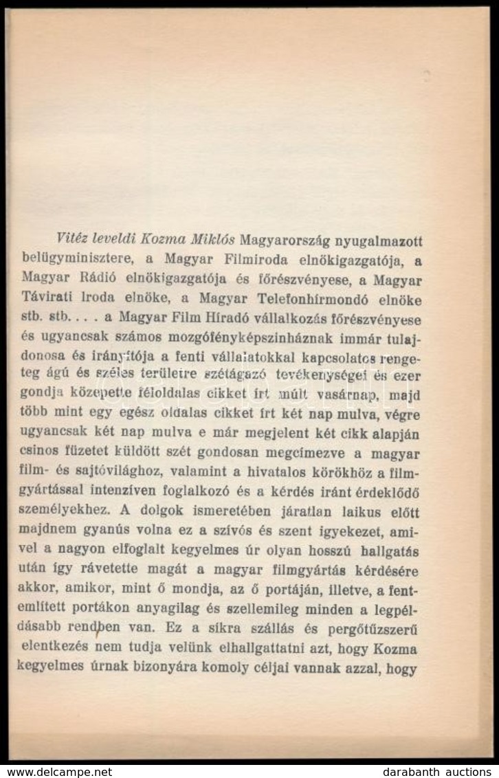 1939 [Kovács Gusztáv (1895-1969): Válasz Kozma Miklós: Hozzászólás A Játékfilmgyártás Válságához. Című Röpiratára. Bp.,1 - Zonder Classificatie