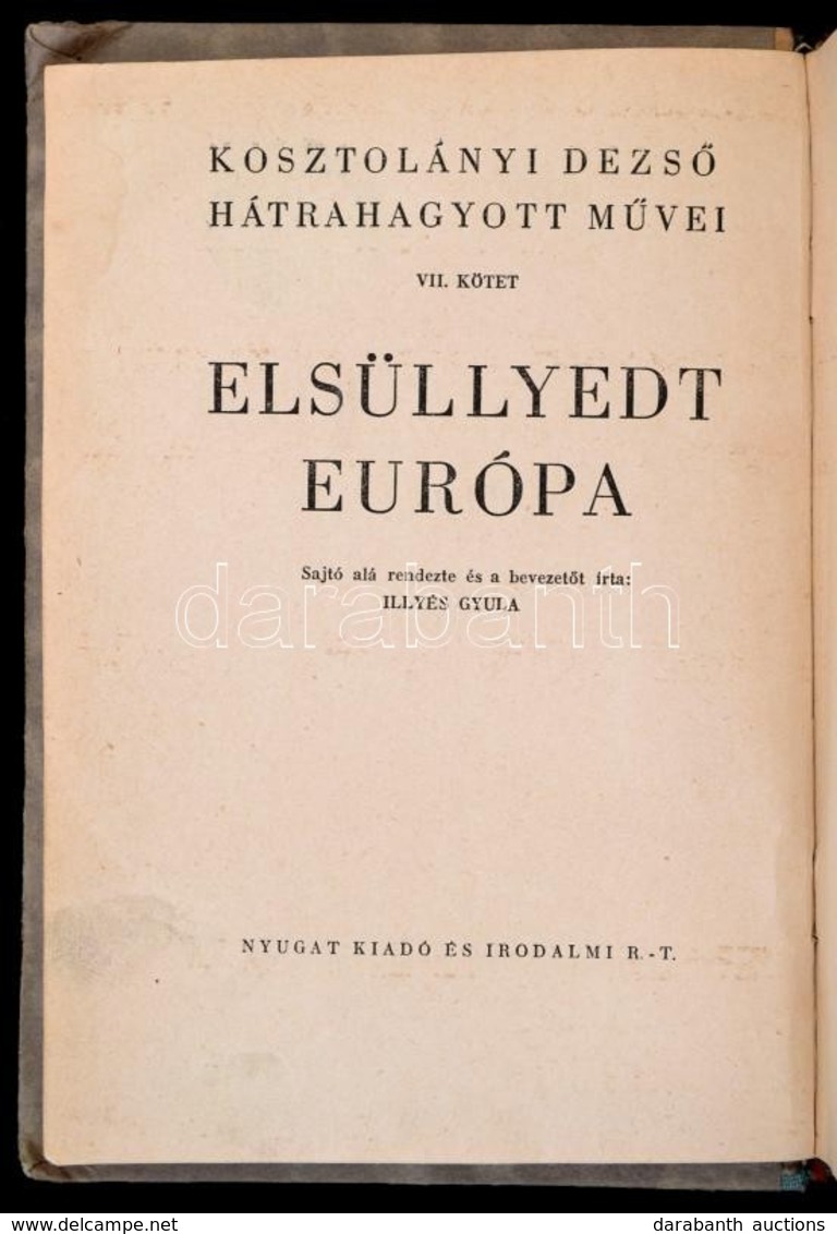 Kosztolányi Dezső: Elsüllyedt Európa. Sajtó Alá Rendezte és Bevezetőt írta Illyés Gyula. Kosztolányi Dezső Hátrahagyott  - Non Classificati