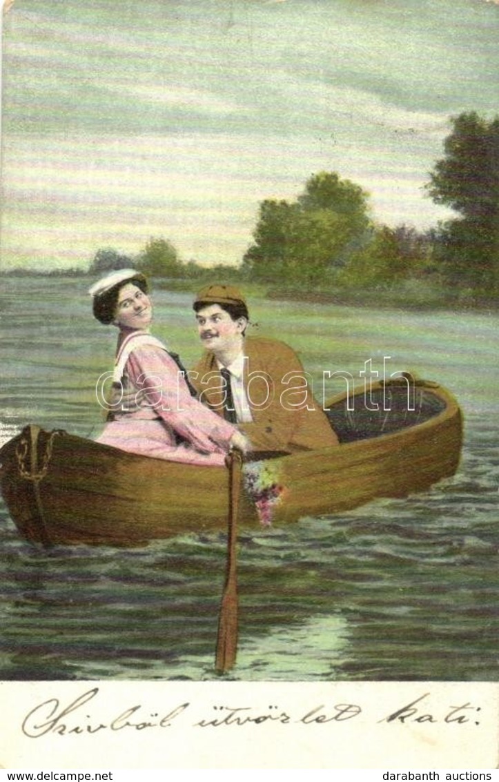 5 Db RÉGI Motívumlap; Csókolózó Humoros Pajzán Pár Csónakkal; Sorozat / 5 Old Motive Cards; Kissing Couple With Boat, Hu - Non Classificati