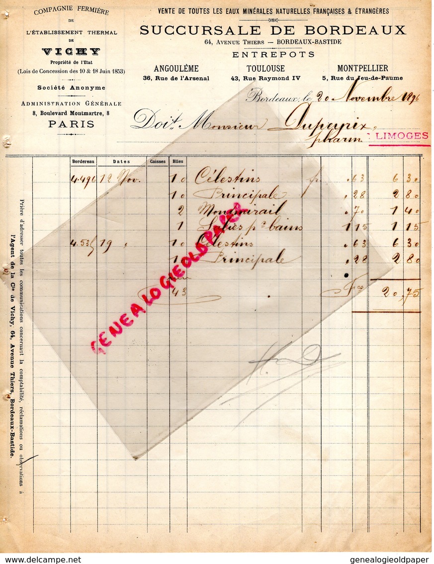 16- ANGOULEME -TOULOUSE-MONTPELLIER-FACTURE ETABLISSEMENT THERMAL VICHY- BORDEAUX- 1896 - 1800 – 1899