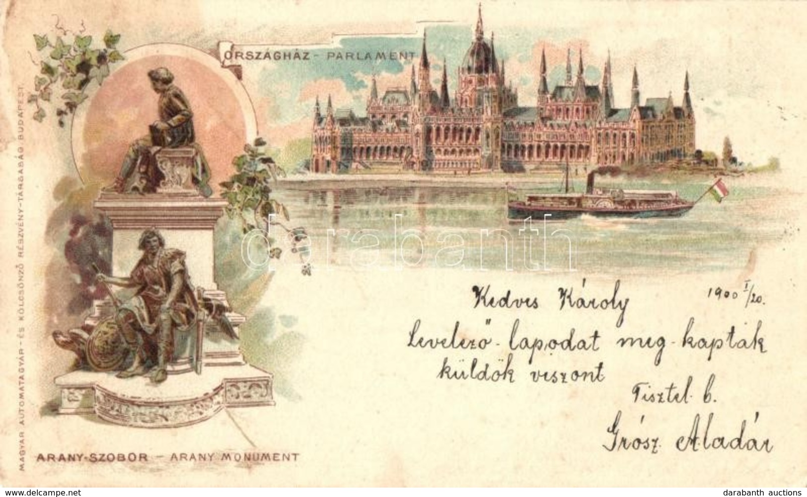 T2/T3 1899 Budapest, Országház, Arany-szobor. Floral Litho. Magyar Automatagyár és Kölcsönző Rt. Kiadása  (EK) - Zonder Classificatie