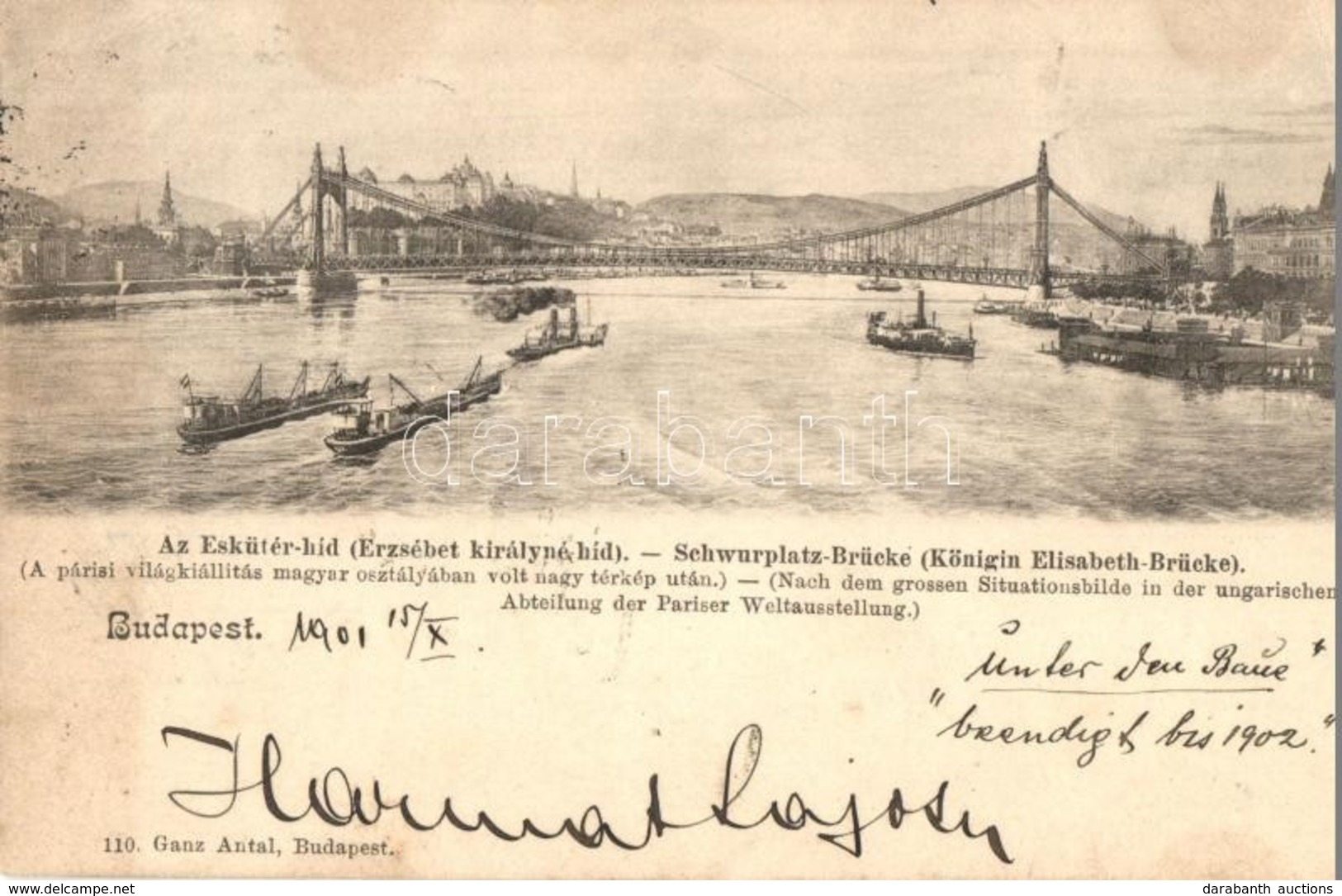 T2/T3 1901 Budapest, Eskü Téri Híd (Erzsébet Királyné Híd), Darus Gőzhajók, Uszályok. Ganz Antal 110. (EK) - Non Classificati