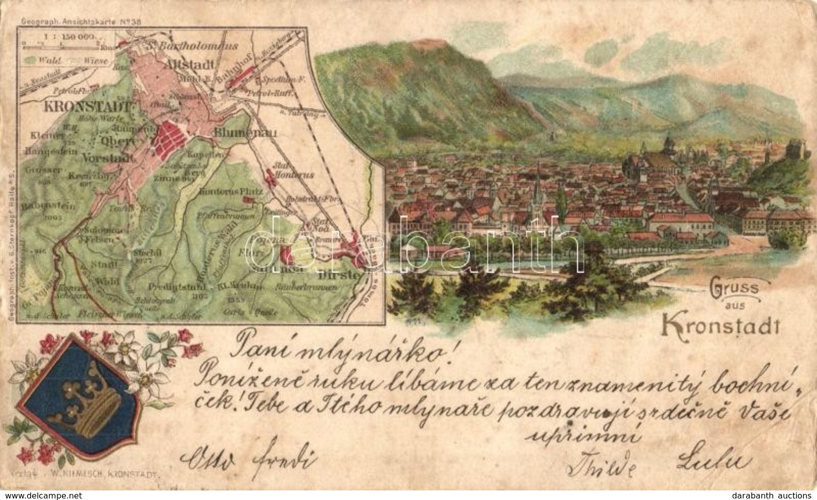 T3 1899 Brassó, Brasov, Kronstadt; Látkép, Térkép, Címer / General View, Map, Coat Of Arms, Verlag W. Hiemesch, Geograph - Non Classificati