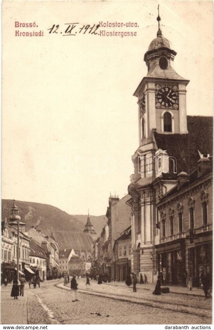 T2 Brassó, Kronstadt, Brasov; Kolostor Utca, Templom, üzletek, Brassói Lapok Kiadása / Klostergasse / Street View With C - Non Classificati