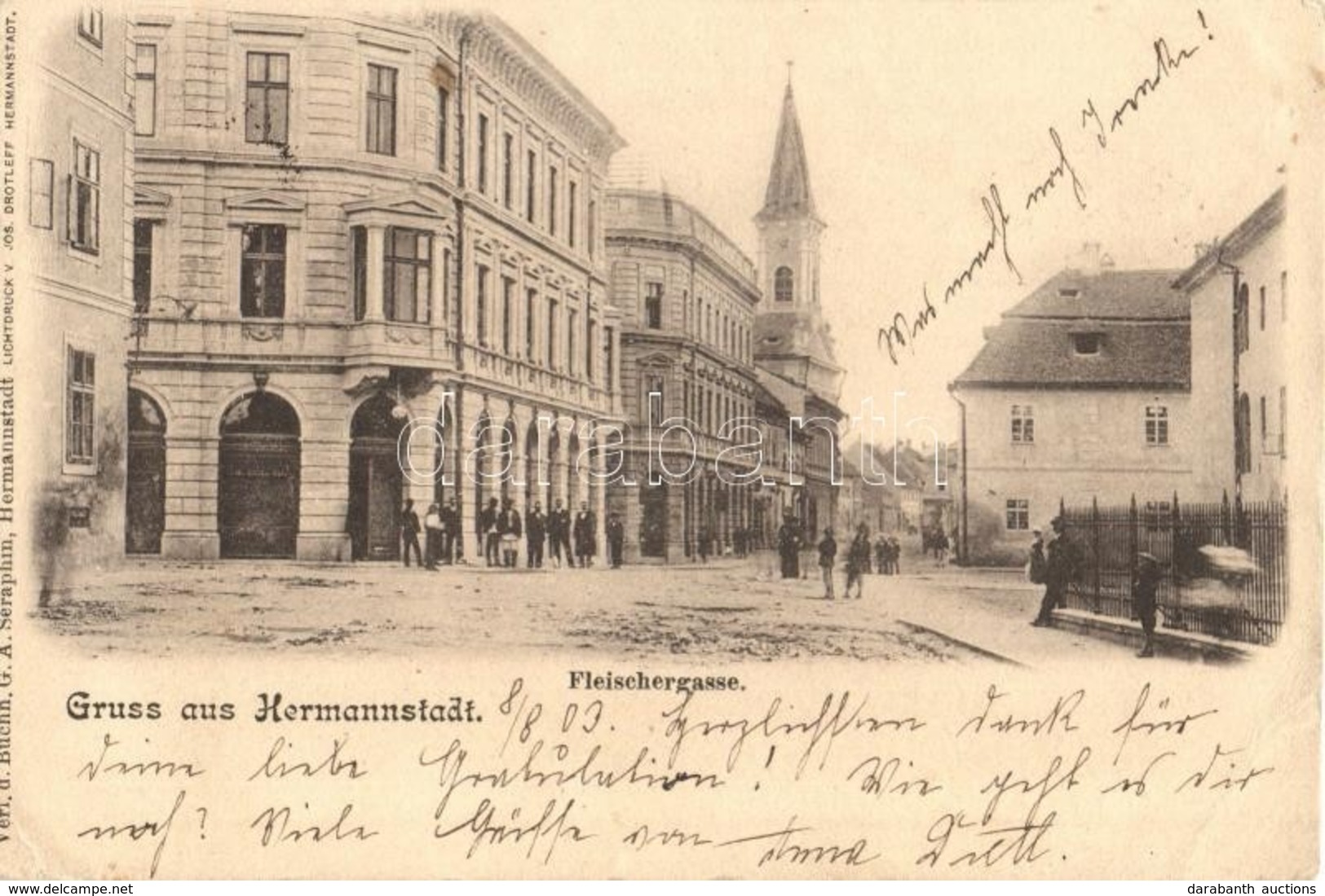 * T2/T3 1902 Nagyszeben, Hermannstadt, Sibiu; Mészáros Utca, Kiadja G. A. Seraphin / Fleischergasse / Street View (Rb) - Zonder Classificatie